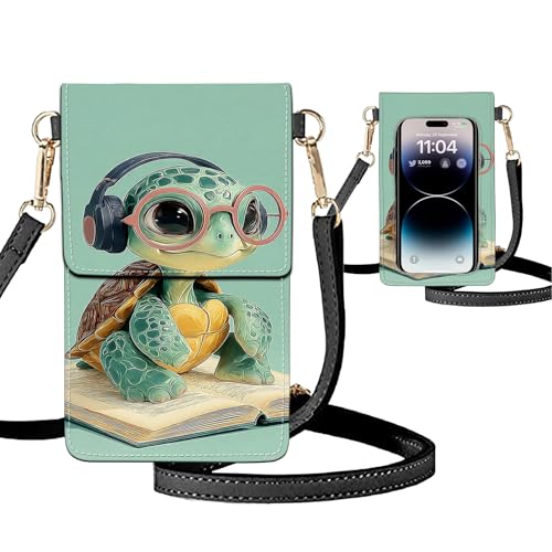 Small Crossbody Bags for Women Touchscreen Cell Phone Bag Cross Body Purses with adjustable Strap,Gifts For Teenage Girls-Cute Turtle on Book