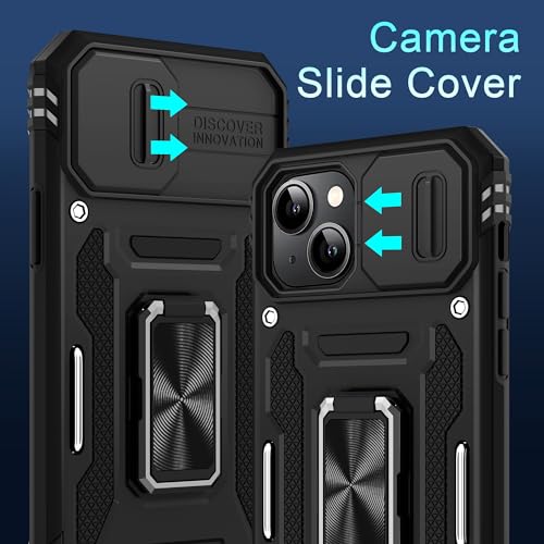 DEERLAMN Case for iPhone 15 with Slide Camera Cover + Screen Protector (2 Packs), Rotated Ring Kickstand Military Grade Shockproof Protective Cover-Black - color: Black