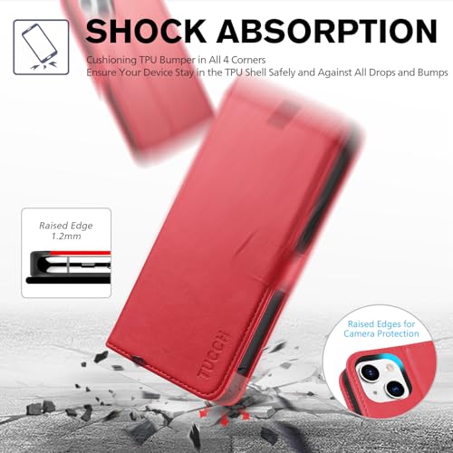 TUCCH Wallet Case for iPhone 13 (6.1") 2021, 3 Card Slots, Red | RFID Blocking, Viewing Stand, Shockproof TPU Shell, PU Leather, Magnetic Closure, Protective Folio Flip Cover - color: Red