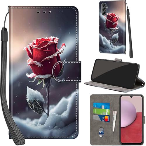 Case Wallet for Samsung Galaxy A14 5G, Snow Rose | Kickstand, 3 Card Holder, Shockproof TPU Interior Shell, PU Leather, Magnetic Flip Cover, Lanyard Strap - color: Pic:03