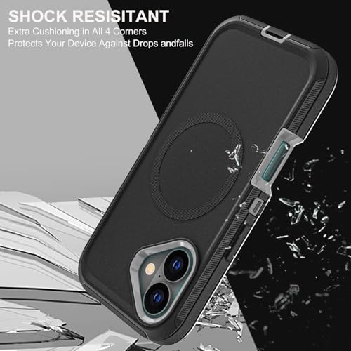 YKHJKLEC for iPhone 16 Case, Compatible with Magsafe, Military Grade 3 in 1 Heavy Duty Shockproof/Drop Proof/Dust Proof Case with 2Pcs Tempered Glass Screen Protector (New-Black/Grey) - color: New-Black/Grey