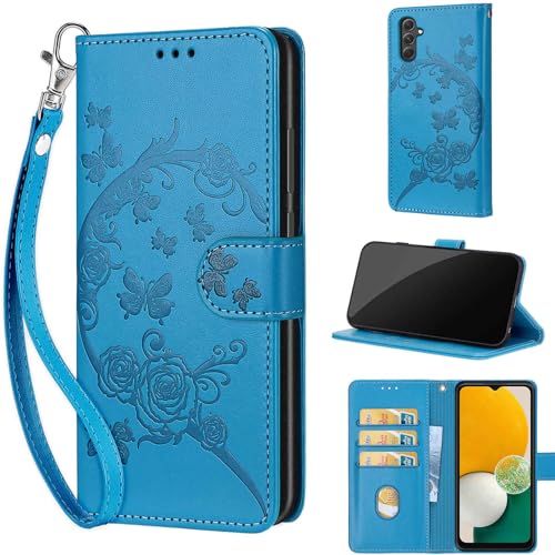 Wallet Case for Samsung Galaxy A54 5G, Blue Flower | Women Flip Folio Cover, Embossed PU Leather, Stand, Credit Card Holders Slots, Wrist Strap - color: 5