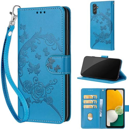 Wallet Case for Samsung Galaxy A54 5G, Blue Flower | Women Flip Folio Cover, Embossed PU Leather, Stand, Credit Card Holders Slots, Wrist Strap - color: 5