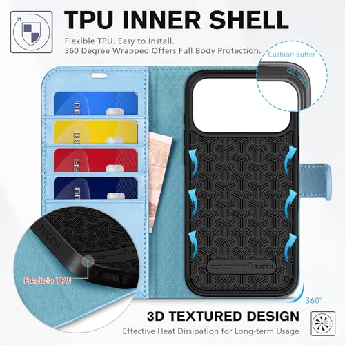 TUCCH Wallet Case for iPhone 17 Pro Max, 4 Card Slots, Pearly Light Blue | RFID Blocking, Viewing Stand, Shockproof TPU Shell, PU Leather, Magnetic Closure, Protective Folio Flip Cover - color: Pearly Light Blue