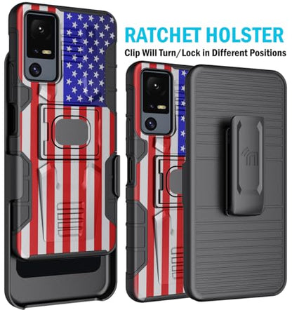 Nakedcellphone Rugged Combo for Jitterbug Smart 4 Phone Case - USA Flag | Hybrid Cover + Belt Clip Holster, Rotating Holder, Ring Grip, with Kickstand, Mounting Plate, Fits Lively Smart4 or TCL 40XL - color: USA Flag