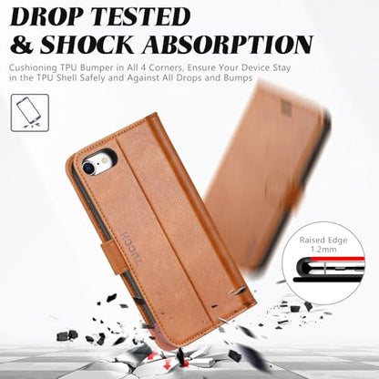 TUCCH Wallet Case for iPhone SE 2022/ SE2020/iPhone 7/8/, Light Brown | 3 Card Holders, Kickstand, PU Leather, Shockproof TPU Shell, Magnetic Closure, Protective Folio Cover - color: Brown - Textured