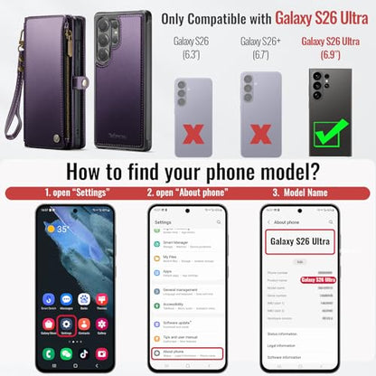 Defencase for Galaxy S26 Ultra Case Wallet Compatible with Magsafe, Purple | Magnetic Detachable, RFID Bolcking Card Holder, Zipper Strap, PU Leather Drop-Proof Phone Cover for Samsung Galaxy S26 Ultra - color: (Detachable with Magsafe)-Purple