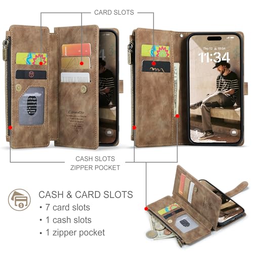 Compatible with iPhone 17 Wallet Case with Card Holder Kickstand Magnetic Zipper Pocket Lanyard Strap Wristlet,Leather Flip Case Wallet for iPhone 17 6.3 Inch (Brown) - color: Brown, size: iPhone 17 6.3 Inch