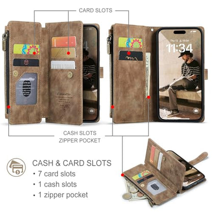 Compatible with iPhone 17 Wallet Case with Card Holder Kickstand Magnetic Zipper Pocket Lanyard Strap Wristlet,Leather Flip Case Wallet for iPhone 17 6.3 Inch (Brown) - color: Brown, size: iPhone 17 6.3 Inch