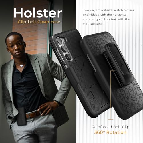 MOTIVE for Samsung Galaxy s24 Case with Belt Clip, Rigid, Kickstand | 6.1" | Ranger v1 Series, Black, 360° holster, open-top/open-bottom port access, textured grip, slim design - size: S24