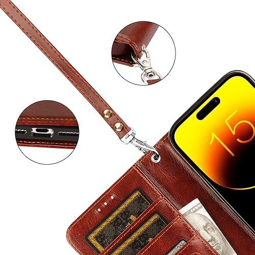 Bocasal Detachable Wallet Case Card Holder for iPhone 15 Pro, Brown | RFID Blocking Kickstand Card Slots Holder PU Leather Magnetic Shockproof Wrist Strap Removable Flip Protective Cover 6.1 inch - color: Brown