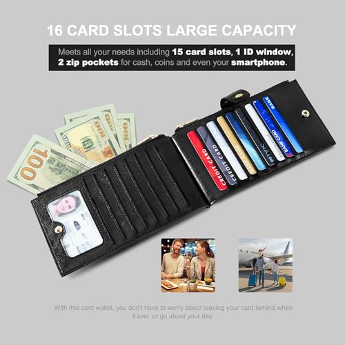 Travelambo RFID Wallet Women Large Size Bifold Multi Card Wallet Case with Zipper Pocke Credit Card Holder for Women - color: Black Wax Leather