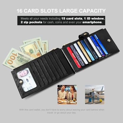Travelambo RFID Wallet Women Large Size Bifold Multi Card Wallet Case with Zipper Pocke Credit Card Holder for Women - color: Black Wax Leather