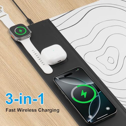 VOVIPO 3 in 1 Wireless Charging Mouse Pad, Desk Mat with Wireless Charger Multiple Devices Compitable with Watch/iPhone, White Topographic Large Desk Mat(90 x 40cm) for MacBook, PC, Laptop - color: White Topographic