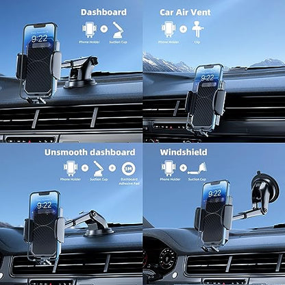 FBB Phone Mount for Car, [ Off-Road Level Suction Cup Protection ] 3in1 Long Arm Suction Cup Holder Universal Cell Phone Holder Mount Dashboard Windshield Vent Compatible with All Smartphones