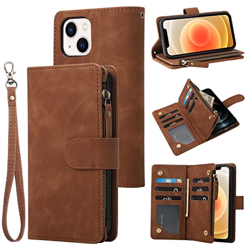 RANYOK Wallet Case Compatible with iPhone 13/14 (6.1 inch), Premium PU Leather Zipper Flip Folio Wallet RFID Blocking with Wrist Strap Magnetic Closure Built-in Kickstand Protective Case (Brown) - color: Brown