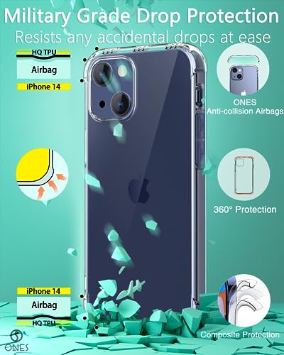 ONES Case for iPhone 14 Clear Transparent Slim Thin Case - Soft TPU Silicone Bumper with Military Drop Protection, Shockproof Airbags & Yellowing Resistant - color: HD High Transparency, size: iPhone 14
