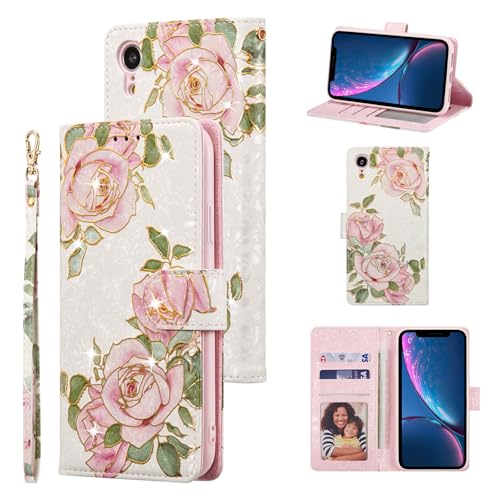 UEEBAI Wallet Case for iPhone XR, PU Leather Phone Case Kickstand RFID Blocking Flip Case with Card Slots Wrist Strap Relief Engraved Pattern Magnetic Closure Folio Case - White Rose - color: White Rose