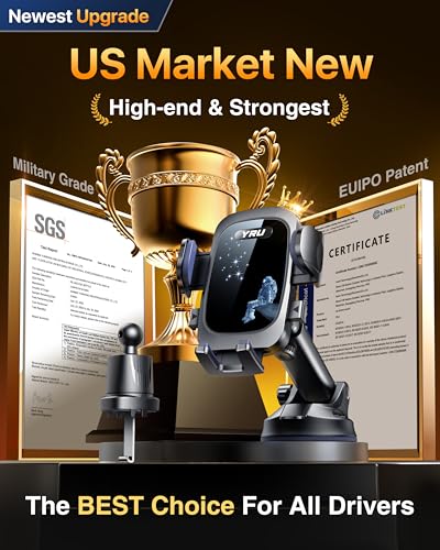 YRU True Military-Grade [360° Rotation Suction] 2026 Ultimate Car Phone Holder Mount 【90+LBS Safest Strongest & Patent Certs】 Dashboard Windshield Vent for iPhone 18 Pro Max Samsung Webcam, Blue Black - color: Dark Black