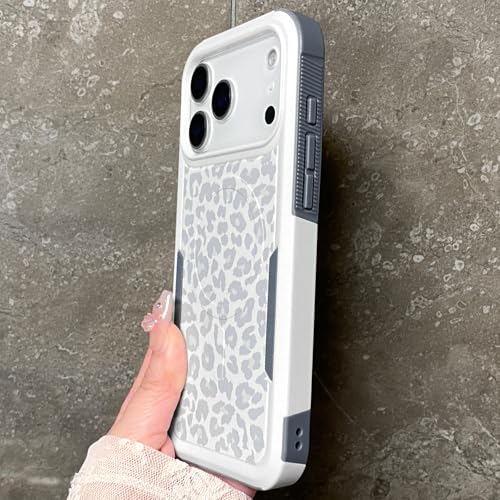 Magnetic Cute White Leopard Cheetah Case for iPhone 17 Pro Max | Compatible with Magsafe, Heavy Duty Tough Rugged Full body Protection Shockproof Protective Phone Case for Women Girls - color: Magnetic-iPhone 17 Pro Max