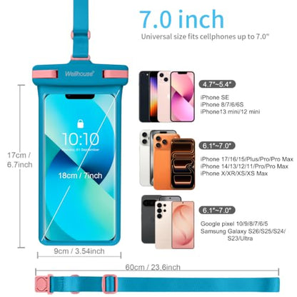 wellhouse 3D Waterproof Phone Pouch with Lanyard,Premium TPU100FT Deep Waterproof Phone Case for iPhone 17 16 15 14 13 12 Pro Max XS Samsung,Snorkeling, Surfing, Kayaking,Skiing,Hot Springs - color: 1 Pack - Blue7.0"