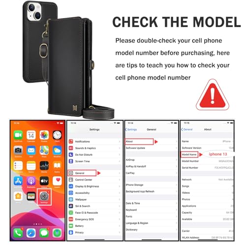 for Wallet Case Compatible with iPhone 13,Multi-Function Detachable 2 in 1 Magnetic iPhone 13 Case Wallet,Flip Strap Zipper Card Holder Phone Case with Shoulder Straps (Black) - color: Black, size: iPhone 13