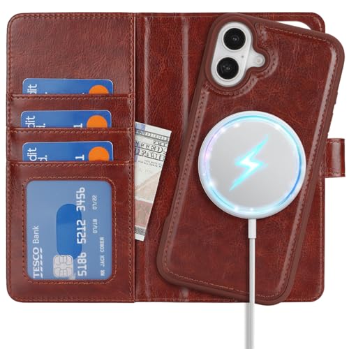 Ｈａｖａｙａ for iPhone 16 Case Detachable Wallet Case with Card Holder，2 in 1 Pu Leather Flip Folio Credit Card Slots Stand Compatible Magsafe Magnetic Shockproof Phone Cover (6.1")-Deep Brown - color: Deep Brown-Detachable