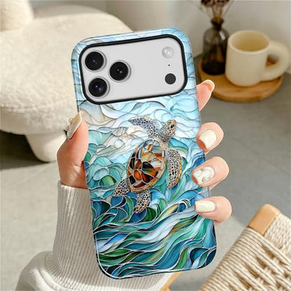 Case Compatible with iPhone 17 Pro Max, Cute Dual Layer Hybrid Phone Cover, Military Grade Drop Protection, Aesthetic Shockproof Phone Case for Women Girls, Stained Glass Sea Turtle - color: Stained Glass Sea Turtle, size: Iphone 17 Pro Max
