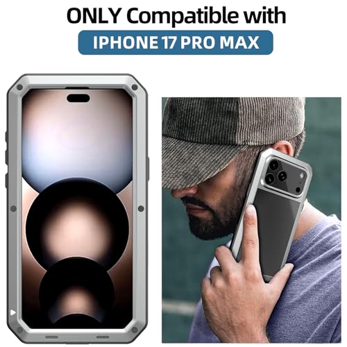 Compatiable with iPhone 17 Pro Max Case,360 Full Body Protective Cover Heavy Duty Shockproof [Tough Armour] Aluminum Alloy Metal Case with Silicone Built-in Screen Protector - Silver - color: Silver