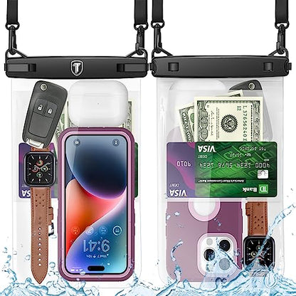 Extra Large Waterproof Phone Pouch Bag Case for Samsung Galaxy S25 Ultra S24 Plus S23 Note 20 A36 A35 A16 A15 iPhone 16E 16 Pro Max [Up to 10"] [2-Pack] IPX8 Vacation Cellphone Dry Bag-Clear