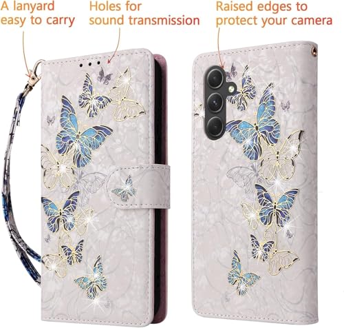 UEEBAI Wallet Case for Samsung Galaxy A26 5G, PU Leather Phone Cover Kickstand RFID Blocking Flip Case Card Slots Wrist Strap Relief Engraved Pattern Magnetic Closure Folio Cover - Blue Butterfly - color: Blue Butterfly, size: Samsung Galaxy A26 5G