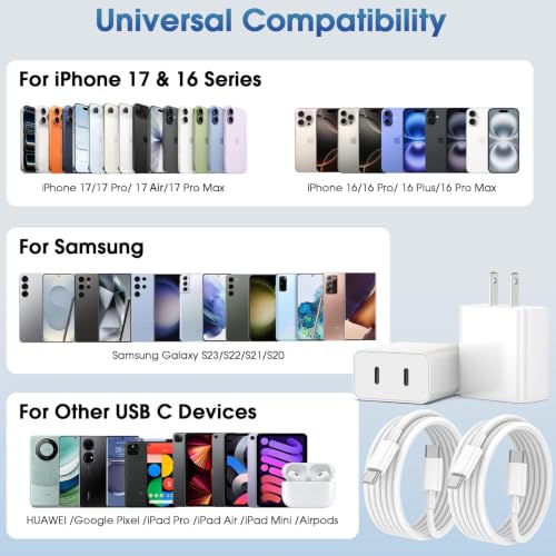 iPhone 17 Pro Max Charger Fast Charging, 40W Dual USB C Fast Charger - color: White, Dual USB-C ports, size: 6ft