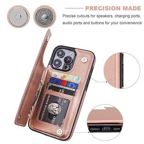 ONETOP for iPhone 15 Pro Max Wallet Case with Credit Card Holder,Rosegold | Kickstand,ID/Cash Holder,Case Wallet with Card Slots,Double Magnetic Clasp,Durable PU Leather Shockproof Cover for Women Men - color: Rose Gold