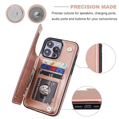 ONETOP for iPhone 15 Pro Max Wallet Case with Credit Card Holder,Rosegold | Kickstand,ID/Cash Holder,Case Wallet with Card Slots,Double Magnetic Clasp,Durable PU Leather Shockproof Cover for Women Men - color: Rose Gold