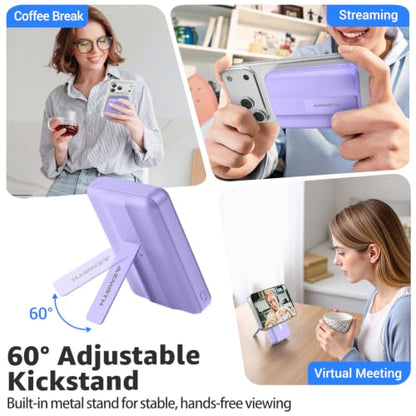 Azmuth for MagSafe Portable Charger, 10000mAh Magnetic Power Bank 20W PD | Fast Charging,Wireless Battery Pack with LED Display & Stand,Travel Essentials,for iPhone 17/16/15/14/13/12 Series - color: Purple
