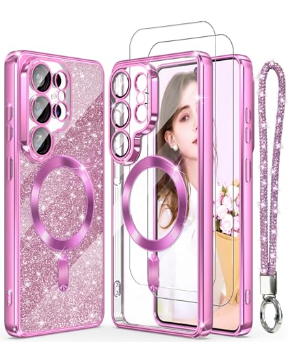 Plated Gold Edge Magnetic Case for Samsung Galaxy S26 Ultra-Rose | Slim Soft Crystal Clear TPU Phone Cover With [Screen Protector&Camera Lens Protector][Glitter Card&Wrist Strap] for S26 Ultra - color: Electroplating Clear TPU-Rose Purple