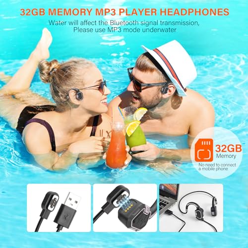 Bone Conduction Headphones Swimming Headphone - IP68 Waterproof Open Ear Headphones with MP3 Play 32G Memory Inductive Wireless Bluetooth Sports Headset for Running Swimming (Grey)