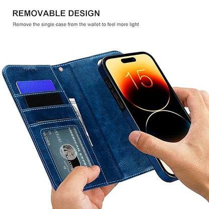 Bocasal Detachable Wallet Case Card Holder for iPhone 15 Pro Max Blue | RFID Blocking Kickstand Card Slots Holder PU Leather Magnetic Shockproof Wrist Strap Removable Flip Protective Cover 6.7 inch - color: Blue