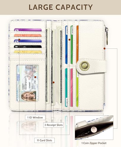 GIANCOMICS Hummingbirds Womens Wallet RFID Flower Credit Card Holder Bifold | Billfold, Cute Cash Purse, Travel Zipper Coin Pocket, Compact Clutch, PU Leather, ID Window, 11 Card Slots, Ladies Gift Woman - color: Birds