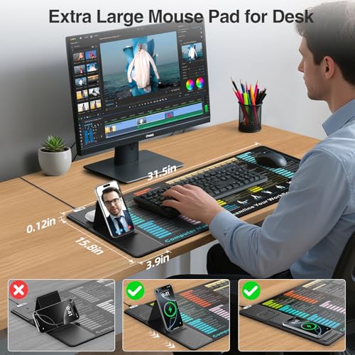 Wireless Charging Mouse Pad with Foldable Phone Holder, 31.5"x15.8" in - color: Black Excel-Phone Holder-31.5"x15.8"