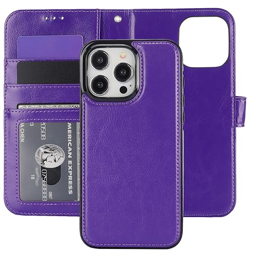 Bocasal Detachable Wallet Case Card Holder for iPhone 15 Pro Max Purple | RFID Blocking Kickstand Card Slots Holder PU Leather Magnetic Shockproof Wrist Strap Removable Flip Protective Cover 6.7 inch - color: Purple