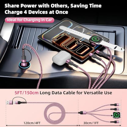 Travel Essentials, 3 USB C Multi Charging Cable with iWatch Charger for Car - color: Blush Pink, size: 1Pack5FT