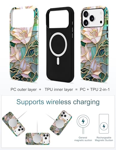 Jusy Magnetic Stained Glass Floral Case for iPhone 16e/17e, Lily | Compatible with MagSafe, Cute Aesthetic Flower Design, TPU and PC Protective Phone Cover - color: Lily