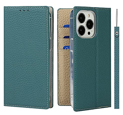 iCoverCase Compatible with iPhone 13 Pro Wallet Case, RFID Blocking Genuine Leather Magnetic Case with Wrist Strap and Card Slots Kickstand Feature Flip Cover 6.1 Inch (Light Blue) - color: Light Blue, size: iPhone 13 Pro