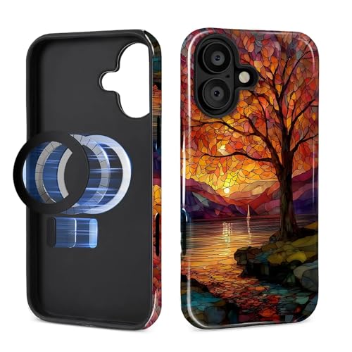 Magnetic Phone Case for iPhone 16,Compatible with MagSafe,Durable 2 Layers Full Covered Shockproof Protective Cover-Stained Glass Sunrise Fall Leaves - color: Stained Glass Sunrise Fall Leaves, size: iPhone 16