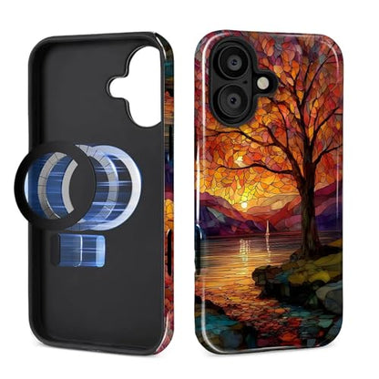 Magnetic Phone Case for iPhone 16 Plus,Compatible with MagSafe,Durable 2 Layers Full Covered Shockproof Protective Cover-Stained Glass Sunrise Fall Leaves - color: Stained Glass Sunrise Fall Leaves, size: iPhone 16 Plus