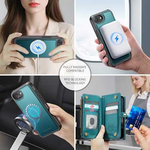Defencase for iPhone 17e/16e Case Wallet Compatible with Magsafe, Bluegreen | Drop-Proof Magnetic Detachable Phone Cases Cover, with RFID Bolcking Card Holder, Zipper Strap, PU Leather, Removable Wallet - color: (Detachable with Magsafe)-Blue Green