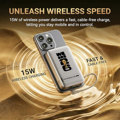 2026 FIFA Licensed 10000mAh Magnetic Power Bank with Built-in Cable and Stand, 15W Wireless Battery Pack for iPhone 17/16 Series, Apple Watch, FIFA World Cup 2026 Official Merchandise,Titanium Silver - color: Titanium Silver