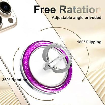 Transparent Shiny Magnetic Phone Ring Holder,360° Rotatable Removable Phone Grip,Clear Purple Sparkle Diamond Stylish Design Compatible with All Phones & Tablets - color: Clear Purple