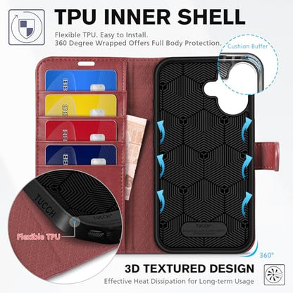 TUCCH Case Wallet for iPhone 16 (6.1") 2024, RFID Blocking Folio, Dark Red | 4 Card Holders, Kickstand, PU Leather, Magnetic Closure, Shockproof TPU Shell, Protective Flip Cover - color: Dark Red